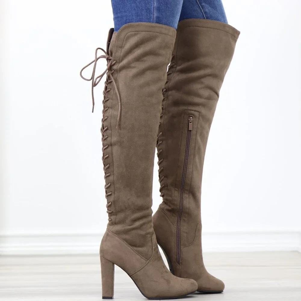 Taupe Faux Suede Over The Knee Lace Up Back Side Zipper High Heel
